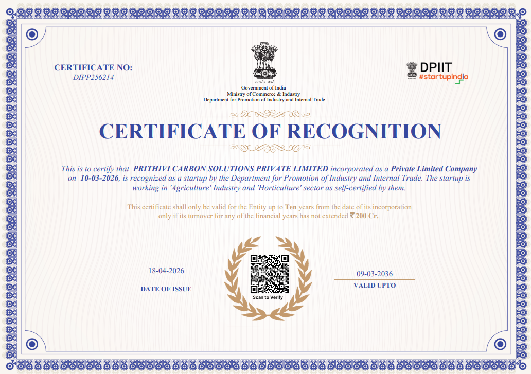 Startup India Certificate of Recognition for Prithivi Carbon Solutions Private Limited, Ministry of Commerce & Industry, Government of India